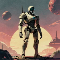 a robot hunter from bloodborne on a space yharnam, retrofuturism, faded color, for 1 9 7 0 s'sci - fi, by malcolm smith