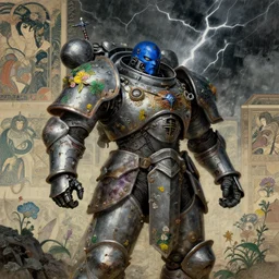composition of gothic and futuristic, warhammer, cyber japan armor, many scars, many flowers, thunderstorm, blue head, some yellow green and purple, the middle ages, highly detailed, artstation, in the style of moebius, jugendstil and classic japanese print, art by jean delville and gerald brom