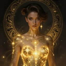 a beautiful cinematic female sand goddess, glow golden tatto, galatic shamen with Quantum energy fantasy, fantasy magic, undercut hairstyle, dark light night, intricate, elegant, sharp focus, illustration, highly detailed, digital painting, concept art, matte, art by WLOP and Artgerm and Greg Rutkowski and Alphonse Mucha, masterpiece