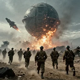 A still from a movie of WWII soldiers retreating from an alien orbital bombardment by Roger Deakins. highly detailed, cinematic lighting, 4k