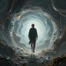 a philosopher staring into a portal to multi - dimensional latent space wondering whether or not to leap in, detailed, intricate, trending on artstation