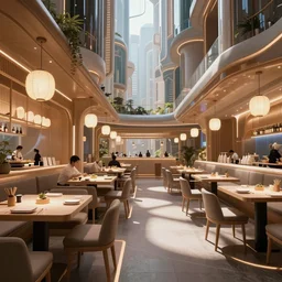 futuristic utopian beautiful sushi cafes in a city, fantasy, hyperrealism, smooth render, mesmerizing hd photo by balthus
