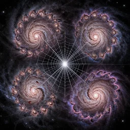mandelbrot set and julia set fractal spiderweb spirals crossed with jwst spiral galaxy images with infinite depth and detail, high quality photorealistic art
