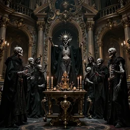 photo of sacred blasphemous ritual of the undead, style of Peter Gric, lavish rococo baroque setting, fashion-photography, unholy ceremony, sacrilegious rite, evil, menacing, ominous, threatening, sinister, malevolent. Highly-detailed, photographic, cinematic, dramatic, establishing shot