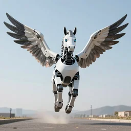 A robotic pegasus running towards you with spread wings, low angle
