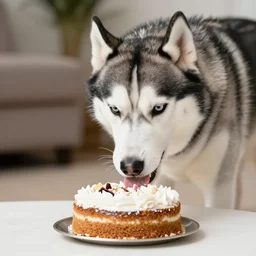 a siberian husky eating a birthday cake
