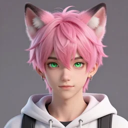 a beautiful headshot portrait of a cute anime male boy with pink hair and pink wolf ears wearing a hoodie. piercings. green eyes. character design by cory loftis, fenghua zhong, ryohei hase, ismail inceoglu and ruan jia. artstation, volumetric light, detailed, photorealistic, fantasy, rendered in octane