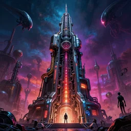 photorealistic movie poster of the industrialpunk monument, alien invasion in the style of michael whelan, greg rutkowski, and junji ito. hyperdetailed photorealism, 1 0 8 megapixels, amazing depth, high resolution, 3 d shading, 3 d finalrender, 3 d cinematic lighting, glowing rich colors, psychedelic overtones, artstation concept art.