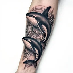 kraken and orca, intricate design, award - winning elegant modern tattoo design on white background