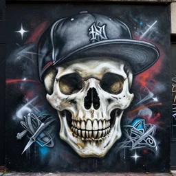 a spraypainted mural of a skull with a baseball cap, in the style of hiphop, intricate, high detail, artstation, dark color scheme