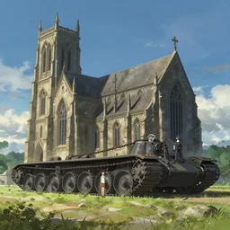 concept art of a huge church with chain drive aka churchtank in an open field, key visual, ambient lighting, highly detailed, digital painting, artstation, concept art, sharp focus, by makoto shinkai and akihiko yoshida and hidari and greg manchess