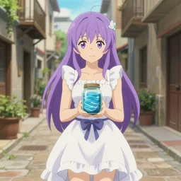 full body saeko busujima with lavender hair white ruffly dress, holding jarred ocean. spanish ghibli alleyway. symmetrical face. symmetrical detailed defined eyes. isekai background style.