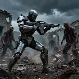 half cyborg warrior with rifle, fighting with a zombie in the ruins after a storm, realistic, cinematic lighting