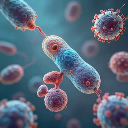 a breathtaking view of micro - biology, we see cells splitting and macrophages consuming virus ', beautiful lighting, very high detail, subtle volumetric lighting, sub - surface scattering, arnold render, dof, zeiss 2 0 mm,