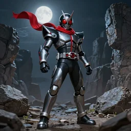 Bionic Kamen Rider!!!!!!!!!!!! with a red scarf billowing behind him standing in a rock quarry, full body single character, League of Legends Character Splash Art!!!!, rubber suit, biomechanical elements, Arcane style!!!!!, action scene, fight scene, good value control, high quality, 4k, ultra realistic, highly detailed, illustration, promotional image, matte painting, rule of thirds, centered, cinematography, moonlit night,