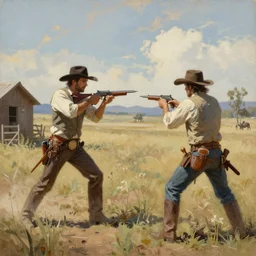 a realism style painting of an old west shootout