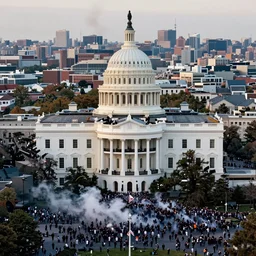 capitol riot, View from the top of white house with many people rioting below, hyper-realistic, ultra-detailed, high resolution, HDR shot, cinematic lighting