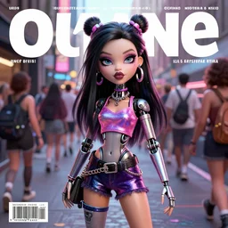 magazine cover : : of a cute gorgeous ukrainian college girl scene raver cyborg belly dancer wearing a shiny outfit on a crowded packed nyc sidewalk, monster high makeup, pouting, pouty look : : octane render, volumetric lighting, trending on artstation, anime, ue 5, photoreal, rossdraws, blender render : :