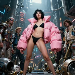 beautiful fantasy character portrait, tex avery, wearing oversized puffy pink bomber jacket and black bikini, ultra realistic, wide angle, seductive pose, cyberpunk artifacts, highly detailed by peter mohrbacher, hajime sorayama, wayne barlowe, boris vallejo, aaron horkey, gaston bussiere, craig mullins