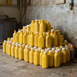 a dirty garage full of piles of mustard bottles