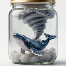 a octane render of a small whale and violent tornado inside a jar, close - up studio photo, lighting path traced, highly detailed, high quality, hyper - realistic, max accurate,