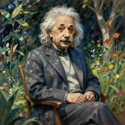 albert einstein sitting in a garden art by mucha