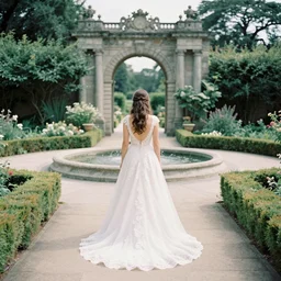 analog photograph of beautiful bride from the back wearing a long flowing trumpet style wedding dress in stunning garden on a stone pathway with an archway and a fountain at midday by mark owen. rule of thirds. pastel colours. hessian. bokeh. cinematic. hq. detailed. contrast. cinestill 8 0 0 t