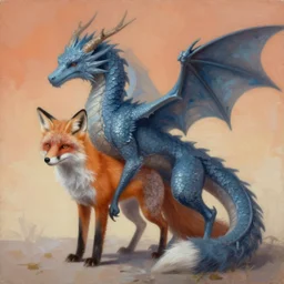painting of hybrid between fox & dragon!!!!, intercrossed animal, mixture animal, by tiffany bozic, by zdzislaw beksinski, cold hue's, warm tone gradient background, concept art, beautiful composition, digital painting