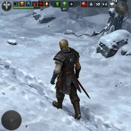 a man walking on the snow field, baldur's gate, 2 d game screenshot