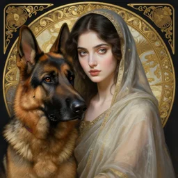 sensual good looking pale young bengali girl with soulful eyes with a majestic german shepherd, portrait, elegant, intricate, digital painting, artstation, concept art, smooth, sharp focus, illustration, art by artgerm and greg rutkowski and alphonse mucha