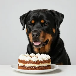 “realistic Rottweiler trying to eat birthday cake”