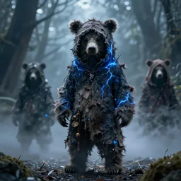 character design, 3 0 - year - old dark fantasy druid, tattered bear hood, blue lightning, blue mist, fog, scary, photorealistic, cinematic, hyper realistic, octane render, 8 k, wide angle