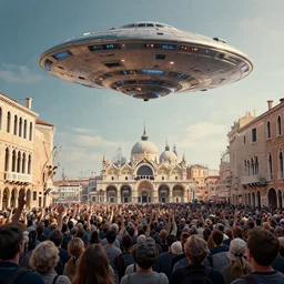 an alien ufo high tech spaceship landing on ancient italy venice city landscape with beautiful temples by greg rutkowski, artgerm, ross tran, magali villeneuve, intricate, time travel theme, audince in awe, spectacle, audience sorrounding, award winning, octane render, masterpiece, 8 k