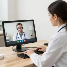 A doctor providing a consultation via video technology, stock photo, high quality