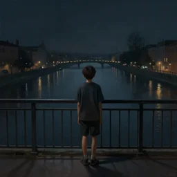 a lonely boy in a city bridge looking to the river at night, digital painting, masterpiece, digital art, hyperrealistic, concept art, octane render, unreal engine 5, trending on deviantart, sad atmosphere, centered, anatomically correct, oil painting, low contrast, serene scenery, loneliness