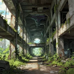a beautiful photorealistic anime illustration of industrial architecture unfinished building nature urbex abandoned corridor architecture city by banksy, reclaimed by nature extraterrestial nature universe, archdaily, wallpaper, highly detailed, trending on artstation.