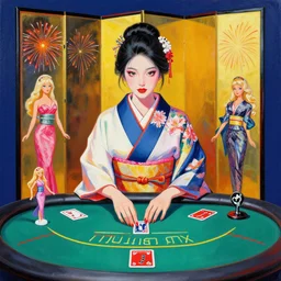 hyperrealism composition of the detailed single woman in a japanese kimono sitting at an extremely detailed poker table with barbie, fireworks and folding screen on the background, pop - art style, jacky tsai style, andy warhol style, acrylic on canvas