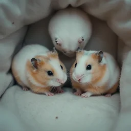 photo of a two hamsters laying inside a bed, cinematic color grading, various poses, soft light, faded colors, well framed, sharp focus, 8 k