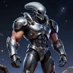 armored alien from space but with muscle like a giga chad