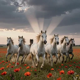 ultra wide angle landscape portrait :: six muscular photorealistic white horses run wildly in the wind across a vast field of poppies at twilight :: styles by John Frederick Herring, Susan Crawford, Rosa Bonheur, Jacques-Louis David, and John Collier :: matte painting, ultra-realistic, laser sharp, 8K, Octane Render, Unreal 5, volumetric twilight, cinematic, God light shafts