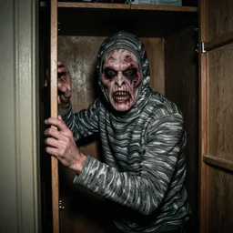 grainy photo of a wavy tube man as a creepy monster in a closet, harsh flash