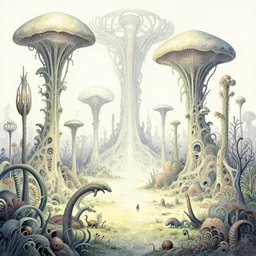 a surreal and awe - inspiring science fiction landscape, alien plants and animals, intricate, elegant, highly detailed watercolor painting by beksinski and simon stalenhag