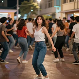 friends dancing facing / looking the camera, crowd in the back, abstract style
