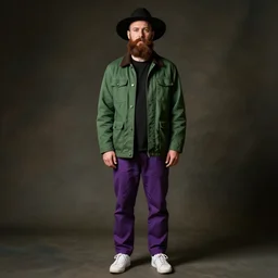 a man of caucasian appearance with a beard in a black hat, green jacket, purple pants and white sneakers in full height, perfect face, chin curtain brown beard