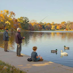 two men and a boy fishing at the water's concrete edge at prospect park pond, ducks and swans are out in the water, clear sky, golden hour, oil painting,