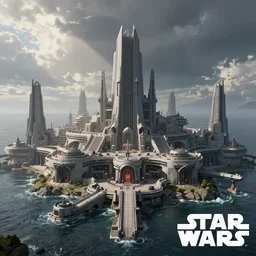 star wars concept art by greg rutkowski, a palatial and imposing grey compound facility in the middle of a ocean landscape, enigmatic atmosphere, beautiful and cinematic lighting, artstation hq.