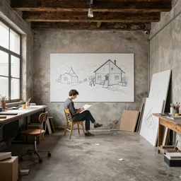 artist studio, loft, old building, squat, drawing by moebius