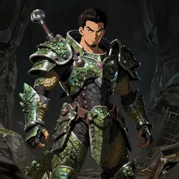 anime of young puerto rican man with facial hair, longer nose brown eyes, full body, reptile armor, by shinichiro watanabe, hyper realistic, dark fantasy detailed, high definition insanely detailed, bitter wide angle lens glow in the dark