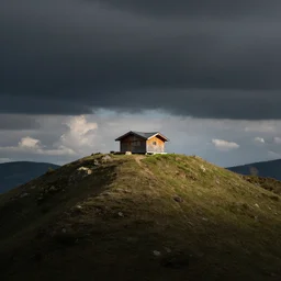 a cabin on a hilltop, by alex andreev, landscape, high contrast, digital