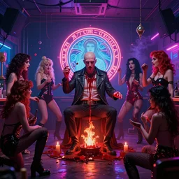 interior neon lighting photorealistic detailed matte painting of wan!! bald british man surrounded by tweakers!! addicts!! groupies! performing ritual blood!! magic! greg rutkowski artstation hdr vivid color vaporwave ( ( ( alphonse mucha ) ) )